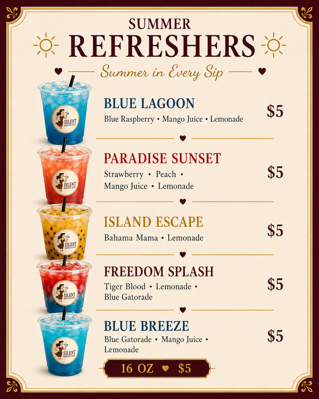 Silent Barista Café Summer Refreshers menu featuring Blue Lagoon, Paradise Sunset, Island Escape, Freedom Splash and Blue Breeze