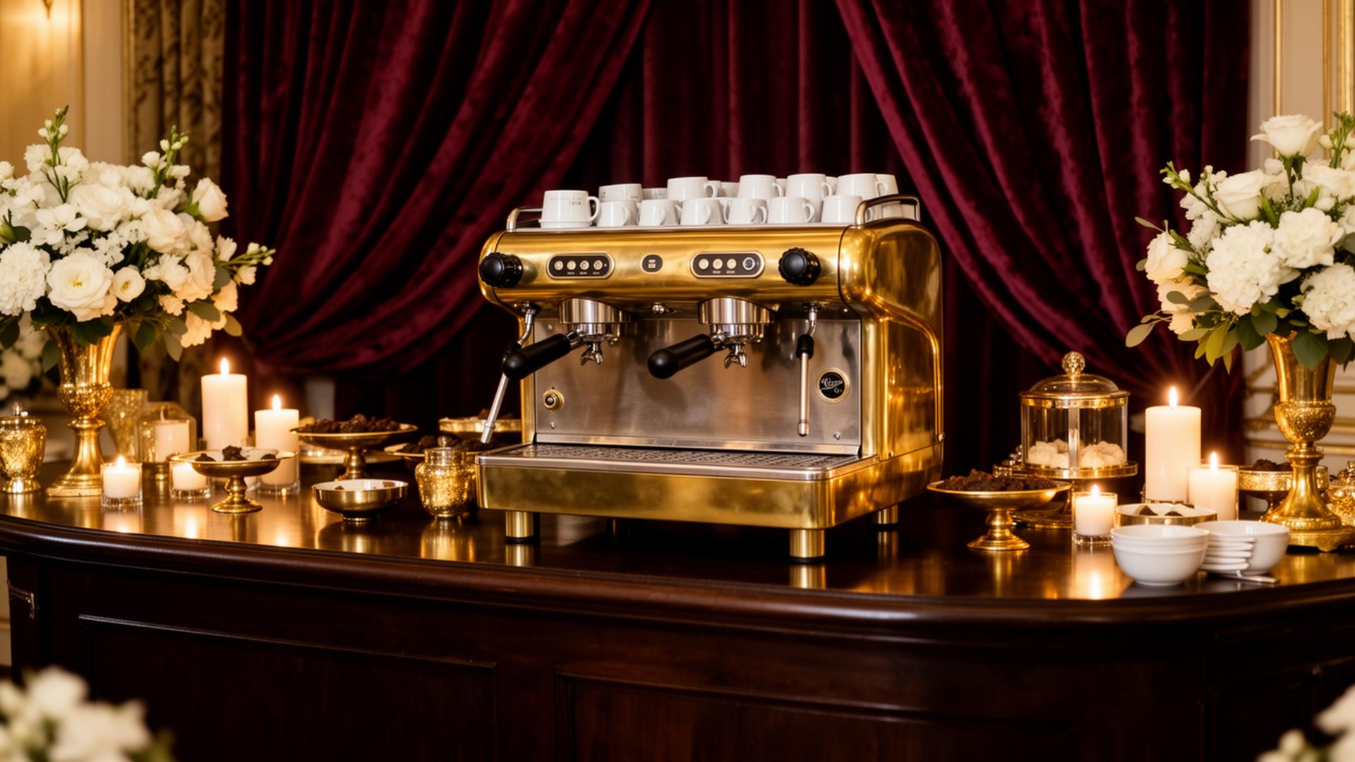 Wedding coffee bar setup with velvet draping