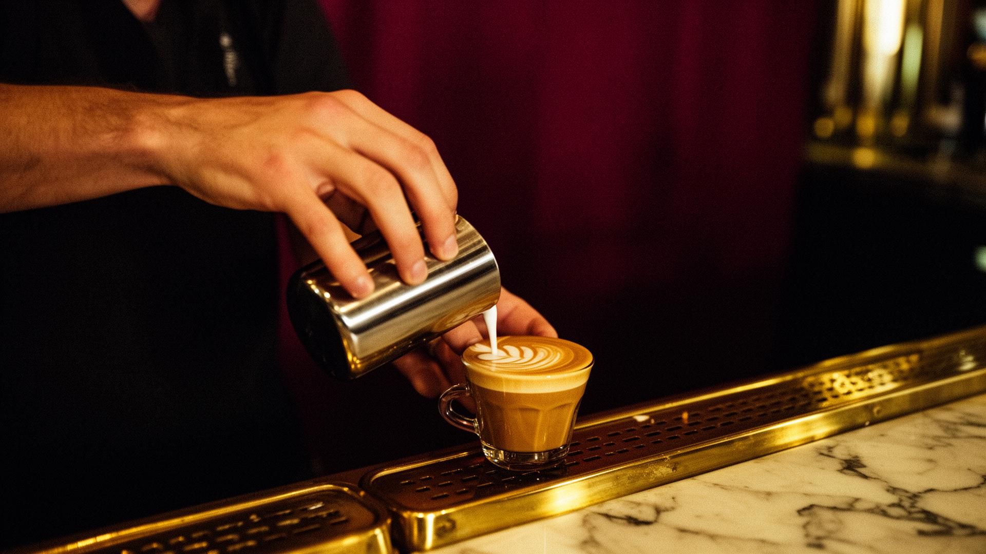 Pouring latte art at brass espresso bar