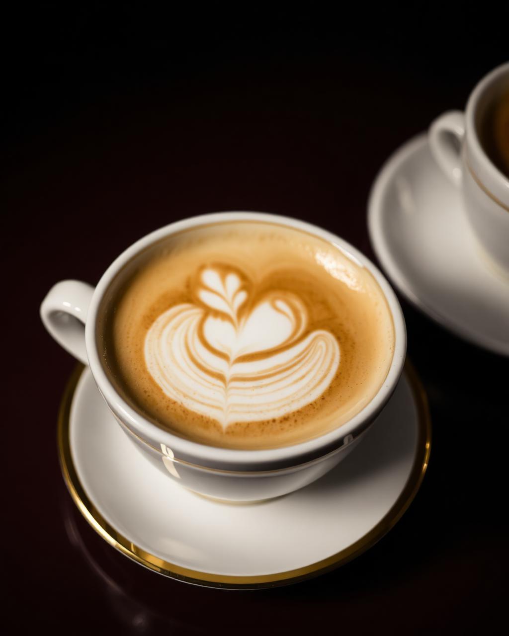 Specialty latte with rosetta art on gold rim saucer