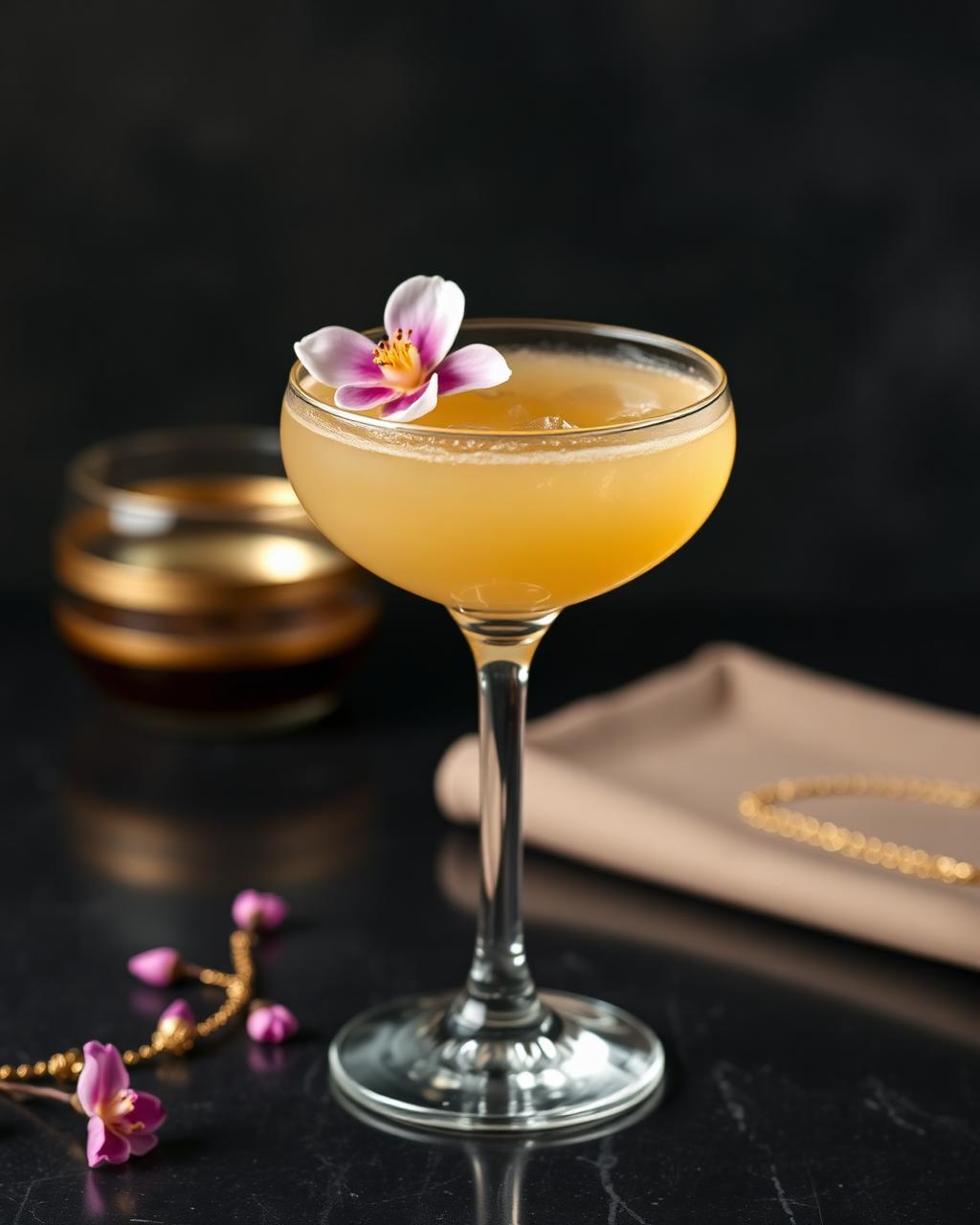 Mocktail in vintage coupe with edible flower